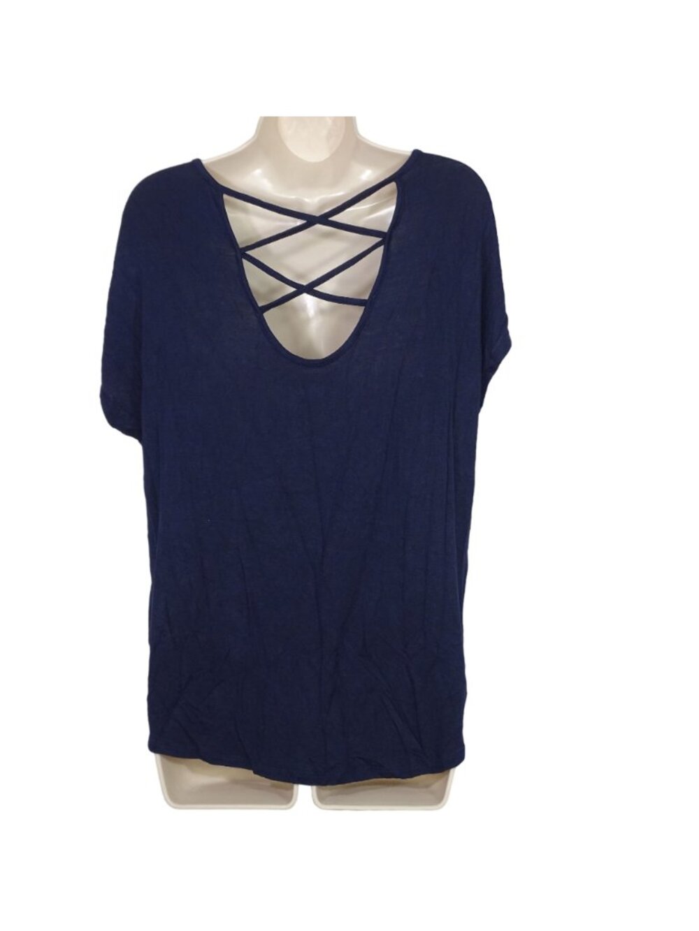 Lavish Blue Multicolor Leaf Print Top Women Size L Crisscross Back Detail - Picture 3 of 6